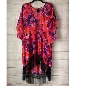 Catalina Pink and Red Floral Swimsuit Cover Up Fringe Cardigan Kimono Size L